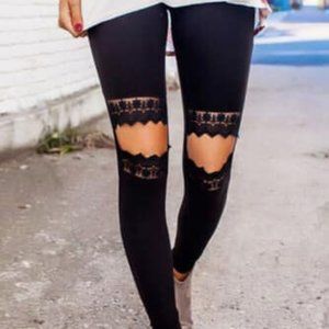 Floral Hollow Out Black Skinny Leggings